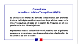 Comunicado de la Embajada de Francia- Incendio en la Mina Yanaquihua (...)